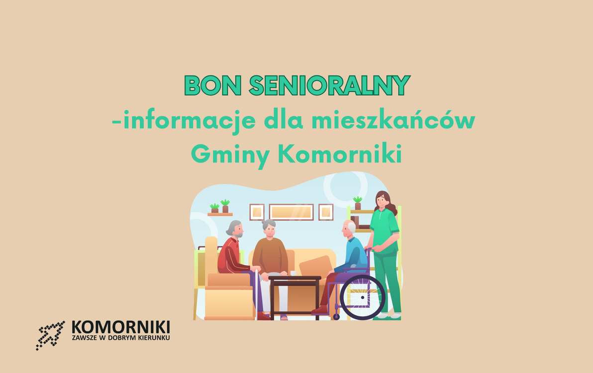 Bon senioralny- informacje dla Mieszkańców gminy Komorniki- grafika z seniorami i opiekunką