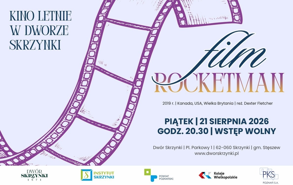 Rocketman (2019 – Wielka Brytania, USA) | Kino Letnie w Dworze Skrzynki (wstęp wolny)- grafika informująca o kinie plenerowym, przedstawiająca taśmę filmową