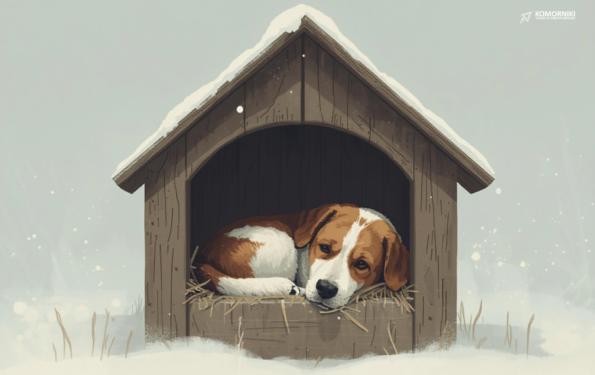pies przy budzie na mrozie