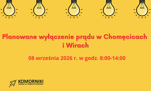 Grafika informująca o wyłączeniach prądu w Chomęcicach i Wirach, informacja na czerwono, dodatkowo ikonki żarówek