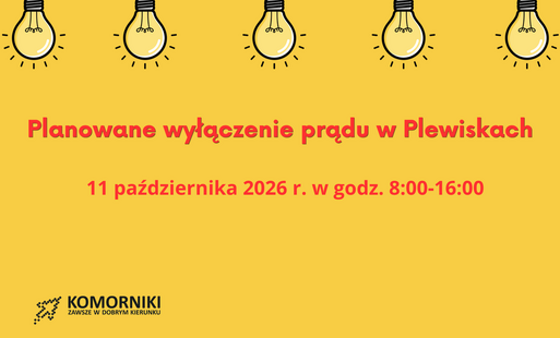 Grafika informująca o planowym wyłączeniu prądu w Plewiskach 11 października 2026 r.