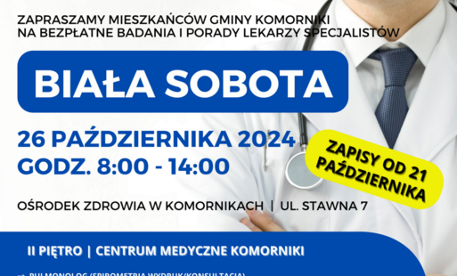 białe i niebieksie napisy zólta ramka, w tele męzczyzna z krawatem