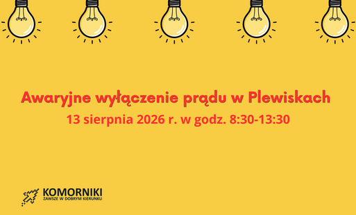Planowane wyłączenie prądu w Plewiskach 13.08.2026- grafika informująca z rysunkiem żarówek kojarzących się z prądem