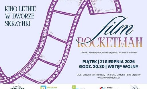 Rocketman (2019 – Wielka Brytania, USA) | Kino Letnie w Dworze Skrzynki (wstęp wolny)- grafika informująca o kinie plenerowym, przedstawiająca taśmę filmową