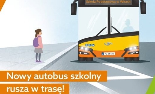 Nowy autobus szkolny rusza w trasę!- grafika z autobusem i dzieckiem czekającym na autobus