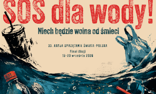 Chcesz zadbać o wygląd swojej okolicy?  Weź udział we wspólnym sprzątaniu naszej Gminy w 33. Finale Akcji Sprzątanie świata - Polska- plakat informujący o wydarzeniu, na którym znajduje się rysunek przedstawiający ryby tonące w dużej ilości śmieci