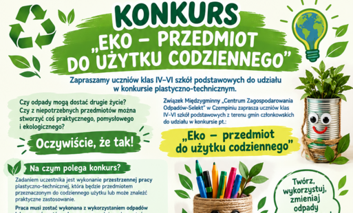 Plakat konkursu zawierający informacje na jego temat i kolorowe, zielone grafiki