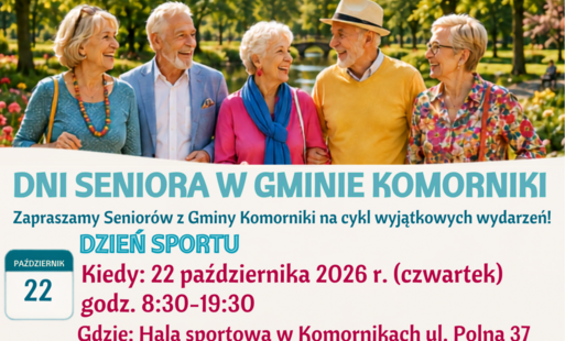 Zaproszenie na Dni Seniora- Dzień Sportu 2026, plakat wydarzenia, na którym jest rozpiska oraz grafika przedstawiająca seniorów