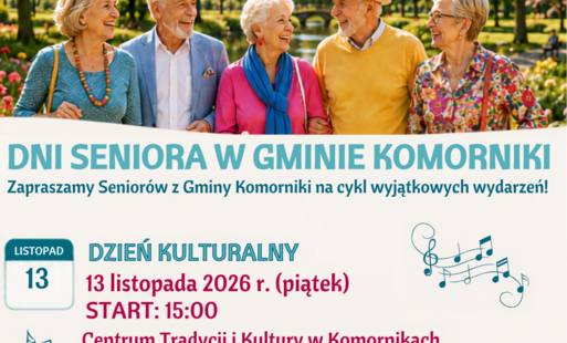 Plakat informujący o Dniach Seniora 2026 w Gminie Komorniki - rozpiska Dnia Kulturalnego